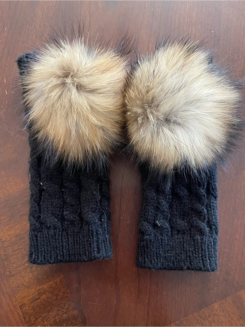 Black Kids Knit Mittens with Fur detachable Pom Pom